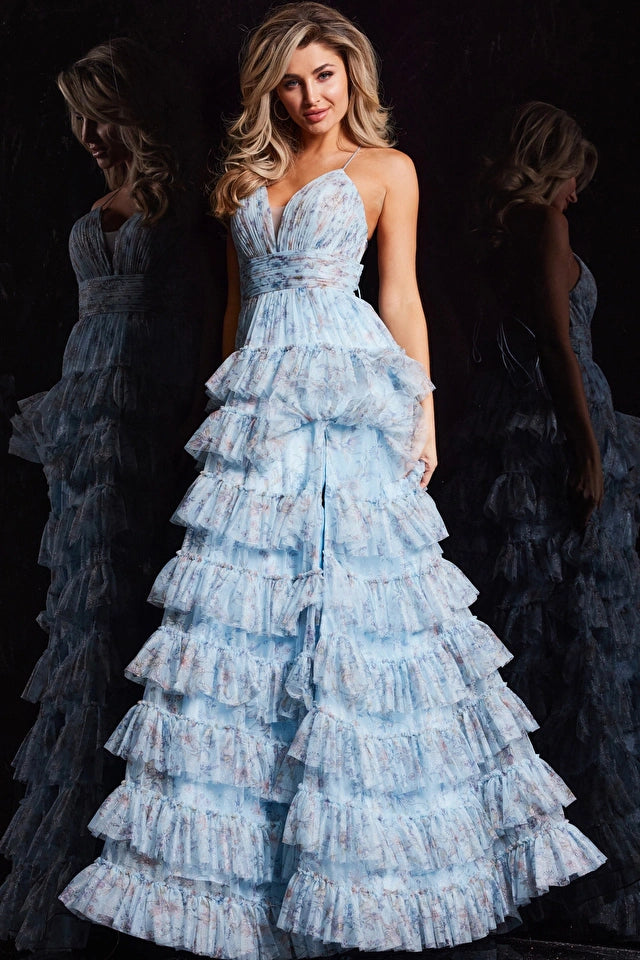 Pleated Strapless Sky Blue Prom Dress with Belt