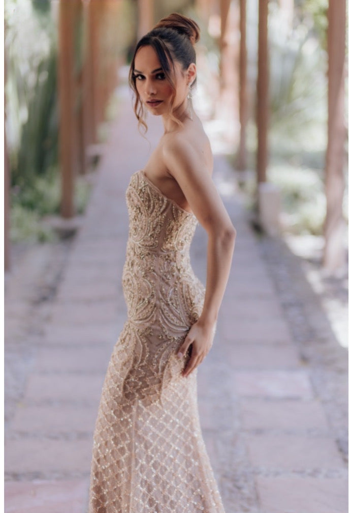 Glamour by terani couture beaded trumpet dress sale