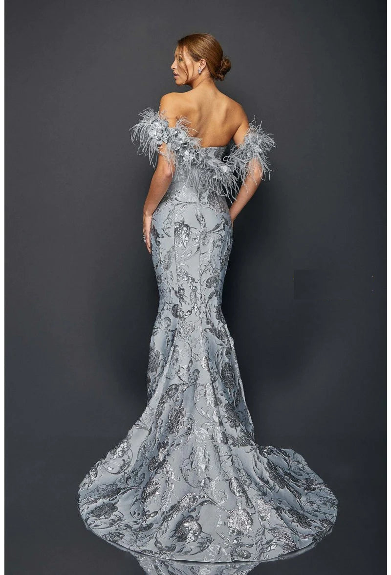 Terani 1921E0136 - Striking Flower And Feather Strapless Evening