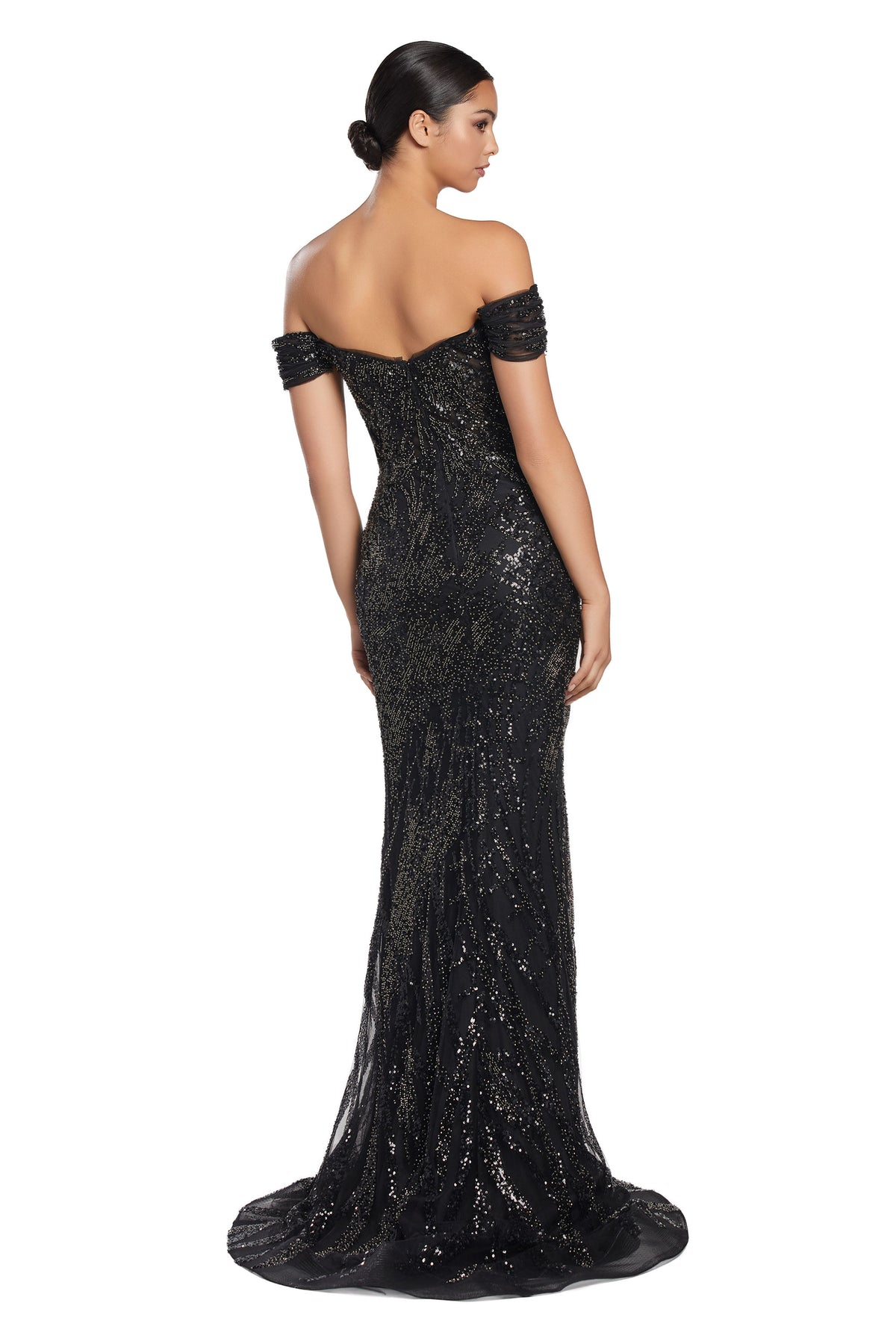 Alexander By Daymor 2075 Off-Shoulder Sequin Gown - A glamorous formal gown featuring an off-shoulder neckline and shimmering sequin details.