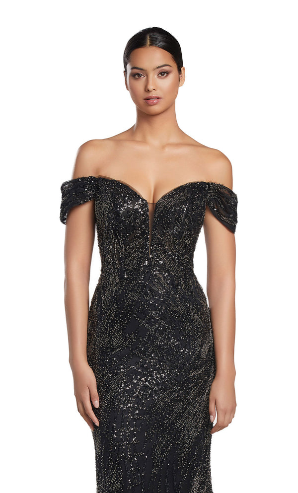 Alexander By Daymor 2075 Off-Shoulder Sequin Gown - A glamorous formal gown featuring an off-shoulder neckline and shimmering sequin details.