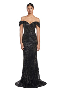 Alexander By Daymor 2075 Off-Shoulder Sequin Gown - A glamorous formal gown featuring an off-shoulder neckline and shimmering sequin details.