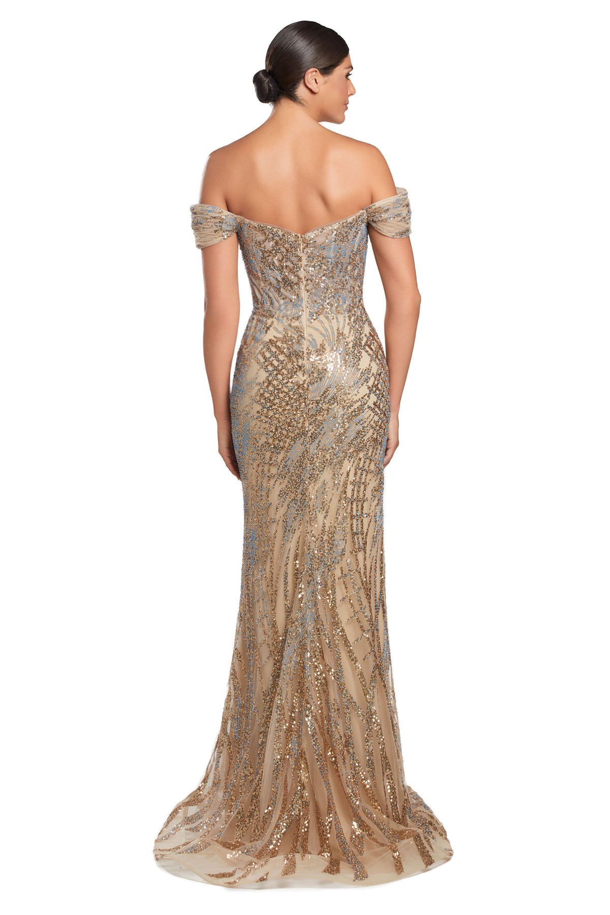 Alexander By Daymor 2075 Off-Shoulder Sequin Gown - A glamorous formal gown featuring an off-shoulder neckline and shimmering sequin details.