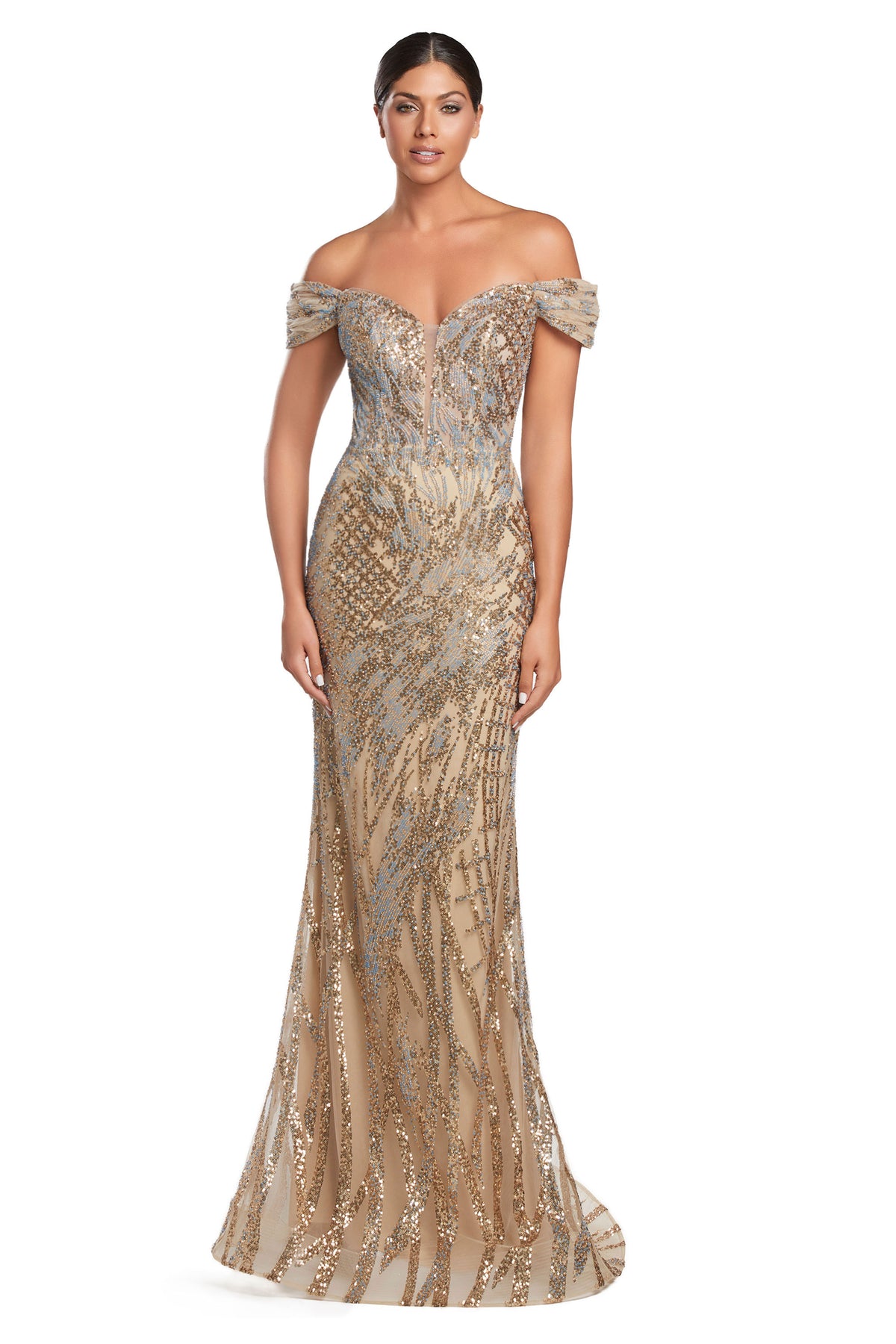 Alexander By Daymor 2075 Off-Shoulder Sequin Gown - A glamorous formal gown featuring an off-shoulder neckline and shimmering sequin details.