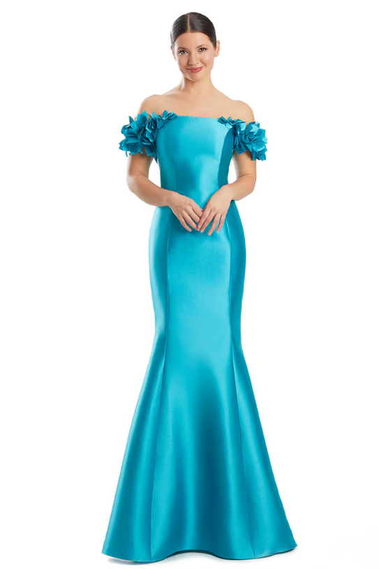 Front view of Alexander by Daymor Style 1991 evening gown in turquoise