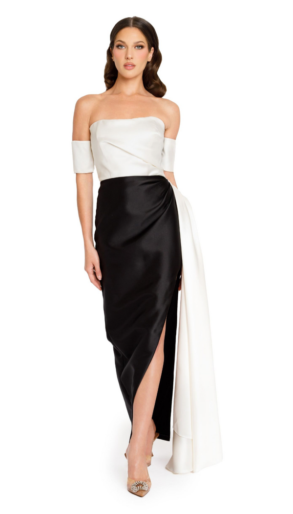 Nicole Bakti 7343 Off-Shoulder Gown with Draped Detail - Elegant monochrome formal gown featuring an off-shoulder design, side drape, and thigh-high slit.