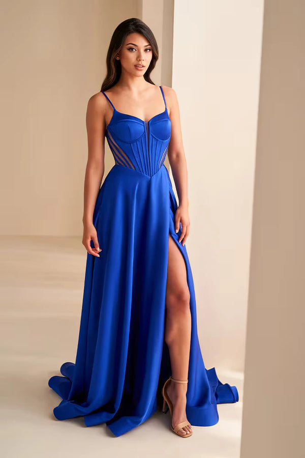 Ellie Wilde EW36227 Corset Gown with Lace-Up Back, Pockets & Slit – Elegant prom dress featuring a corset bodice, lace-up back, side pockets, and thigh-high slit.