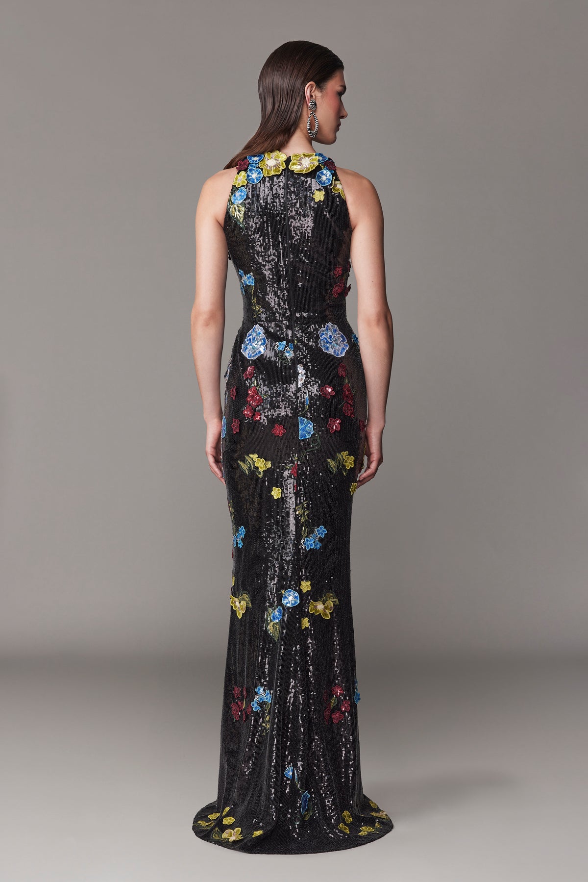 Frascara 4756 Halter Gown - Black formal gown with colorful floral sequin embellishments, fit-and-flare silhouette, and halter neckline.