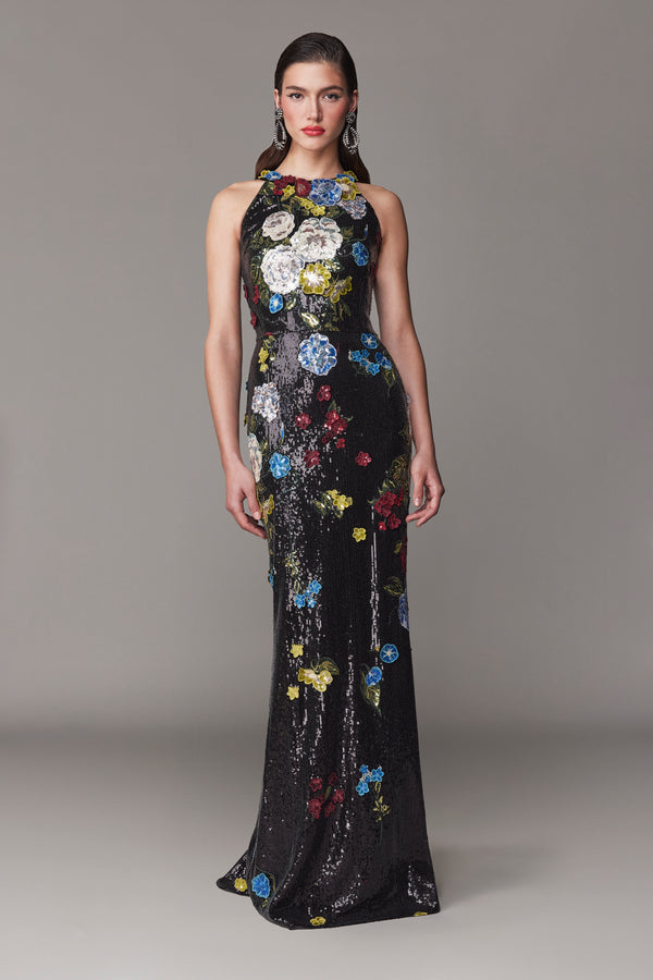 Frascara 4756 Halter Gown - Black formal gown with colorful floral sequin embellishments, fit-and-flare silhouette, and halter neckline.