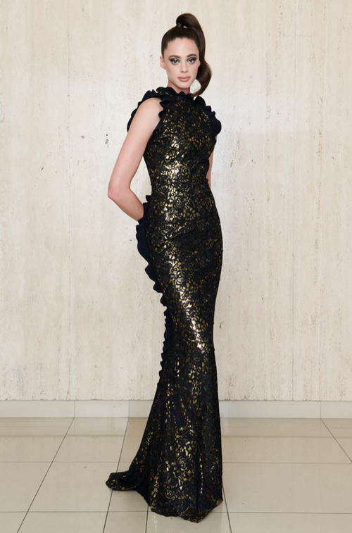 Greta Constantine Badilo Gown – Black and gold overlay formal gown with spiral-trim cutaway neckline, perfect for formal evening and red carpet events.