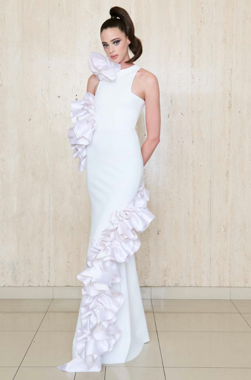 Greta Constantine ITZENT gown with ruffle-trim cutaway neckline and train, perfect for formal events, award ceremonies, and red carpet moments.