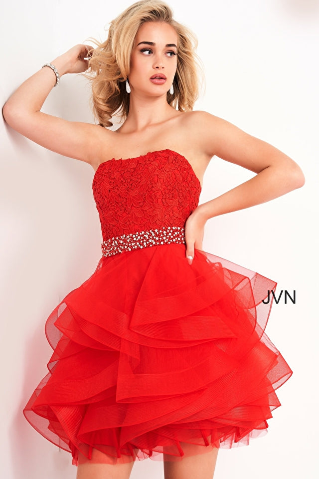 JVN - 3099 - Embellished Belt Strapless Short Dress