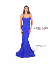 Jessica Angel 2514 gown - Elegant flowy jersey gown featuring an open back and fitted bodice, perfect for formal evening events and prom.