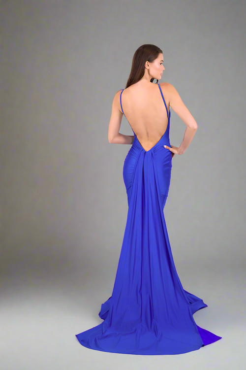 Jessica Angel 2514 gown - Elegant flowy jersey gown featuring an open back and fitted bodice, perfect for formal evening events and prom.