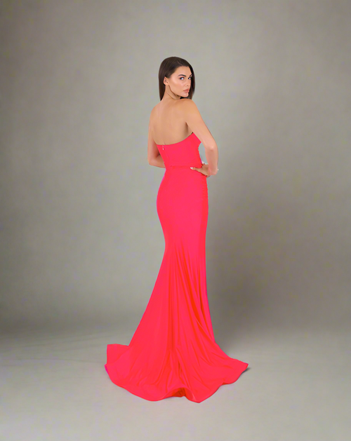 Jessica Angel 2522 Strapless Gown with Ruched Bodice - Elegant prom dress featuring a thigh-high slit and ruched bodice in luxurious jersey fabric.