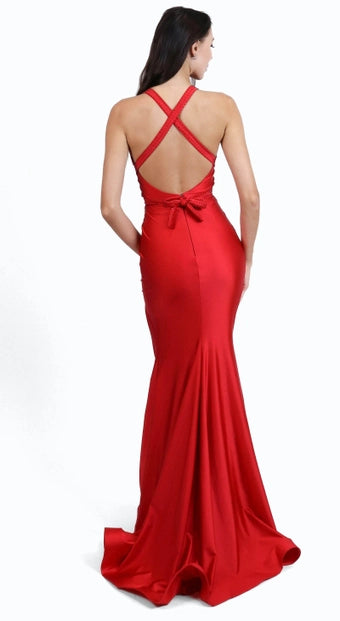 Jessica Angel 2625 Jersey Gown with Deep V-Neckline and Criss-Cross Open Back - Elegant formal gown featuring a plunging neckline, open back, and a high slit.