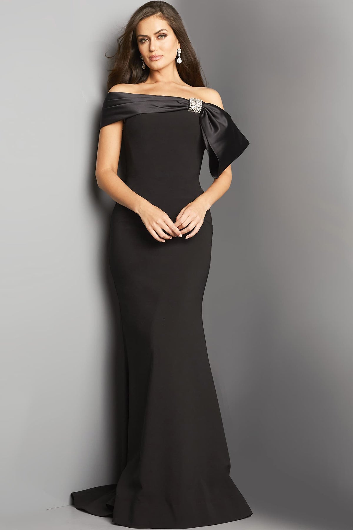 Jovani 07014 Off-Shoulder Gown with Satin Bow Detail - Elegant formal evening gown featuring a satin bow detail and floor-length silhouette.