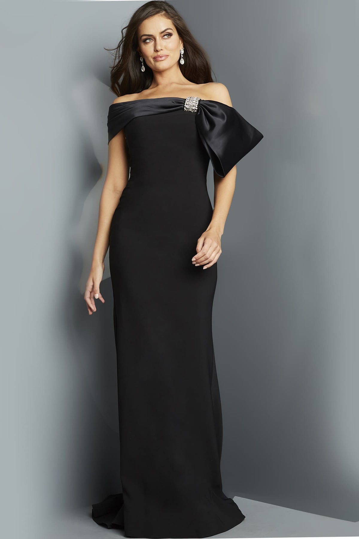 Jovani 07014 Off-Shoulder Gown with Satin Bow Detail - Elegant formal evening gown featuring a satin bow detail and floor-length silhouette.