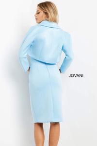 Jovani 07556 Two-Piece Off the Shoulder Dress with Sheath Silhouette - Elegant light blue formal dress with matching jacket, designed for the Mother of the Bride or Groom.