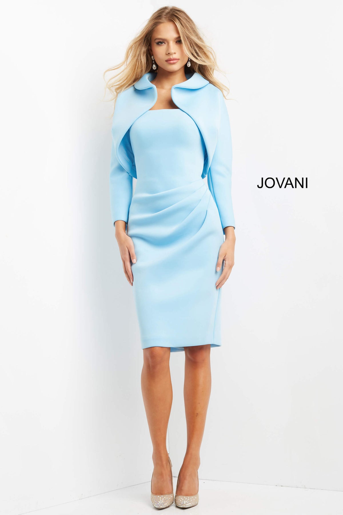 Jovani 07556 Two-Piece Off the Shoulder Dress with Sheath Silhouette - Elegant light blue formal dress with matching jacket, designed for the Mother of the Bride or Groom.