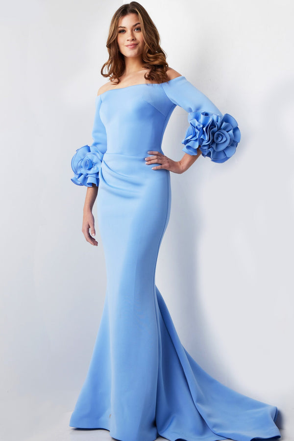 Jovani 23716 Off-the-Shoulder Scuba Gown – Elegant light blue gown featuring an off-the-shoulder neckline, sheath silhouette, and floral sleeve details.