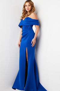 Jovani 37148 Off-Shoulder Gown in Royal Blue featuring a draped bodice and floor-length skirt, perfect for formal events and mother of the bride or groom occasions.