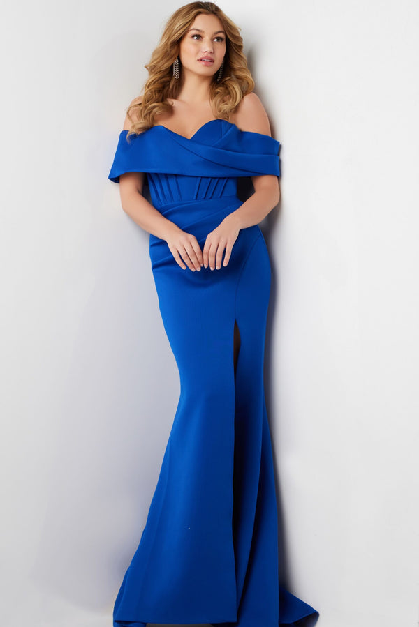 Jovani 37148 Off-Shoulder Gown in Royal Blue featuring a draped bodice and floor-length skirt, perfect for formal events and mother of the bride or groom occasions.