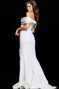 Jovani 37148 Off-Shoulder Gown in White featuring a draped bodice and floor-length skirt, perfect for formal events and mother of the bride or groom occasions.