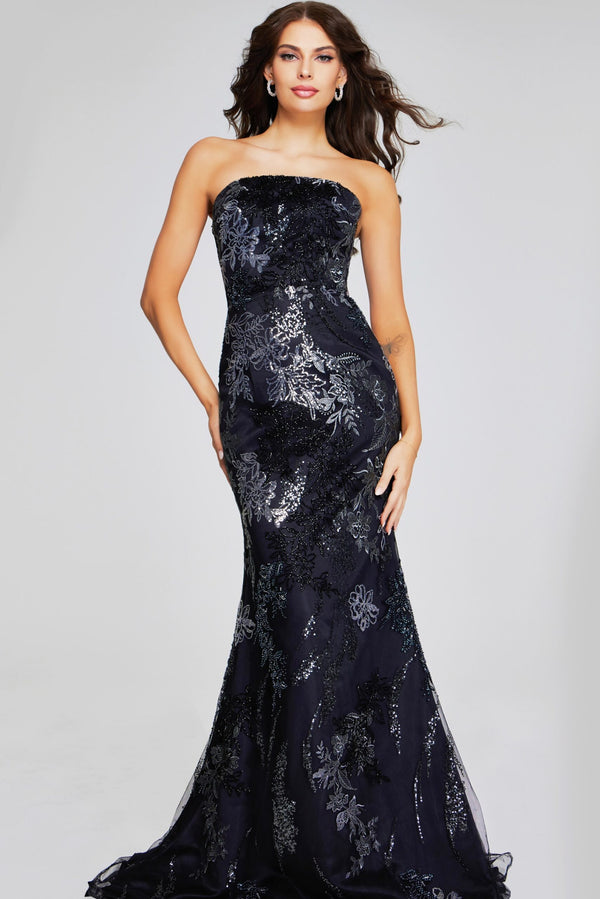 Jovani 40604 Strapless Mermaid Gown - Black formal gown with floral sequin embellishments, featuring a strapless neckline and mermaid silhouette.