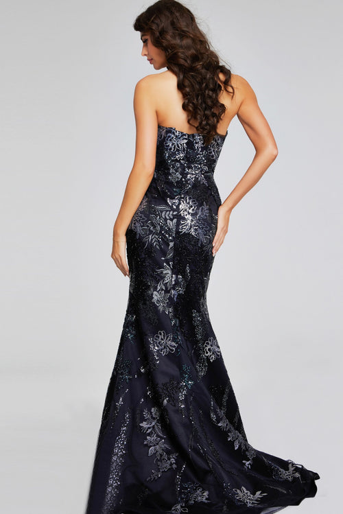 Jovani 40604 Strapless Mermaid Gown - Black formal gown with floral sequin embellishments, featuring a strapless neckline and mermaid silhouette.