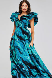 Jovani 40696 Ruffled Cap Sleeve Gown in Teal Multi - Elegant formal gown with a teal multi-color print, featuring dramatic ruffled cap sleeves and a full-length skirt.