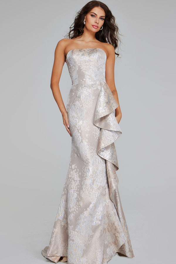 Jovani 42028 Strapless Brocade Gown - Elegant formal gown featuring a strapless silhouette, draped side detail, and luxurious brocade fabric in champagne silver and gunmetal gold.