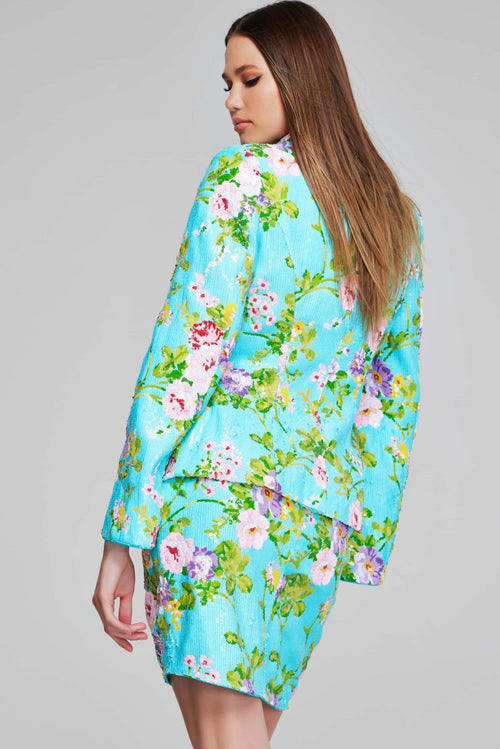 Jovani 42147 Beaded Floral Print Bell Sleeve Blazer Dress – A vibrant, floral-printed blazer dress with beaded embellishments and dramatic bell sleeves, ideal for formal evening occasions.