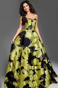 Jovani 42435 Strapless Floral Ball Gown – Elegant strapless gown with a bold green and black floral print, perfect for formal events.