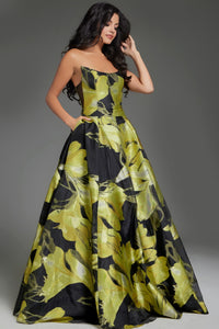 Jovani 42435 Strapless Floral Ball Gown – Elegant strapless gown with a bold green and black floral print, perfect for formal events.