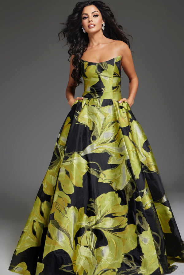 Jovani 42435 Strapless Floral Ball Gown – Elegant strapless gown with a bold green and black floral print, perfect for formal events.