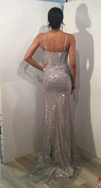 Jovani D5042 Beaded Plunging V-Neck Gown – A fitted beaded gown featuring a plunging neckline, delicate straps, and a high slit for formal evening events.  Back View