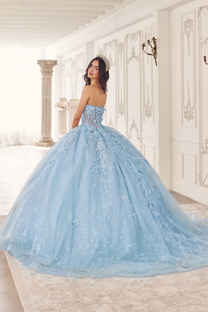 Blue floral evening gown best sale