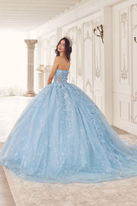 Ladivine 15719 Floral Ball Gown with Cape - Elegant Quinceañera gown featuring intricate floral embroidery, a sweetheart neckline, and a full ball gown skirt.