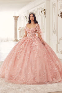 Ladivine 15719 Floral Ball Gown with Cape - Elegant Quinceañera gown featuring intricate floral embroidery, a sweetheart neckline, and a full ball gown skirt.