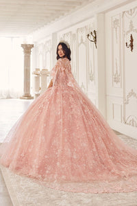 Ladivine 15719 Floral Ball Gown with Cape - Elegant Quinceañera gown featuring intricate floral embroidery, a sweetheart neckline, and a full ball gown skirt.