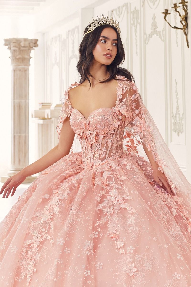 Ladivine 15719 Floral Ball Gown with Cape - Elegant Quinceañera gown featuring intricate floral embroidery, a sweetheart neckline, and a full ball gown skirt.