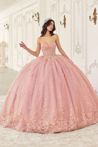 Ladivine 15723 Strapless Ball Gown with Removable Caplet - A Quinceañera gown featuring a strapless, embellished bodice, voluminous tulle skirt, and removable caplet in blush and lavender.