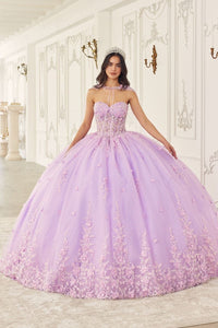 Ladivine 15723 Strapless Ball Gown with Removable Caplet - A Quinceañera gown featuring a strapless, embellished bodice, voluminous tulle skirt, and removable caplet in blush and lavender.