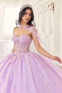 Ladivine 15723 Strapless Ball Gown with Removable Caplet - A Quinceañera gown featuring a strapless, embellished bodice, voluminous tulle skirt, and removable caplet in blush and lavender.