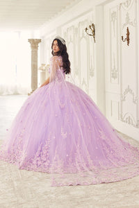 Ladivine 15723 Strapless Ball Gown with Removable Caplet - A Quinceañera gown featuring a strapless, embellished bodice, voluminous tulle skirt, and removable caplet in blush and lavender.