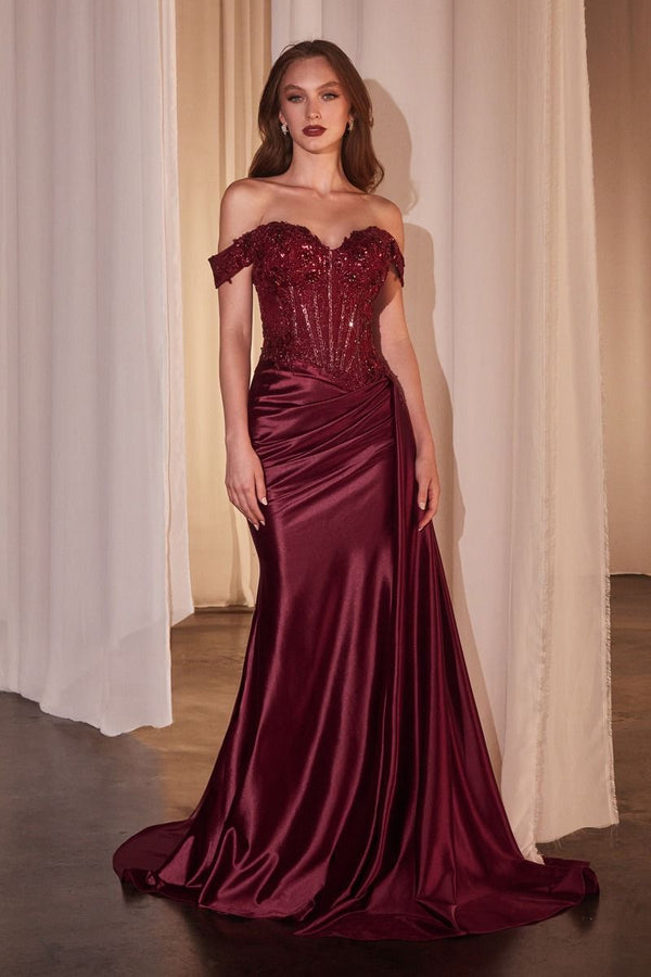 Ladivine CD798 Off-the-Shoulder Gown in Burgundy - A fitted gown with a lace bodice, satin skirt, and off-the-shoulder design.