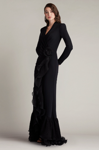 TADASHI SHOJI - BOS24382 - Malone Cascading Ruffle Gown in black.