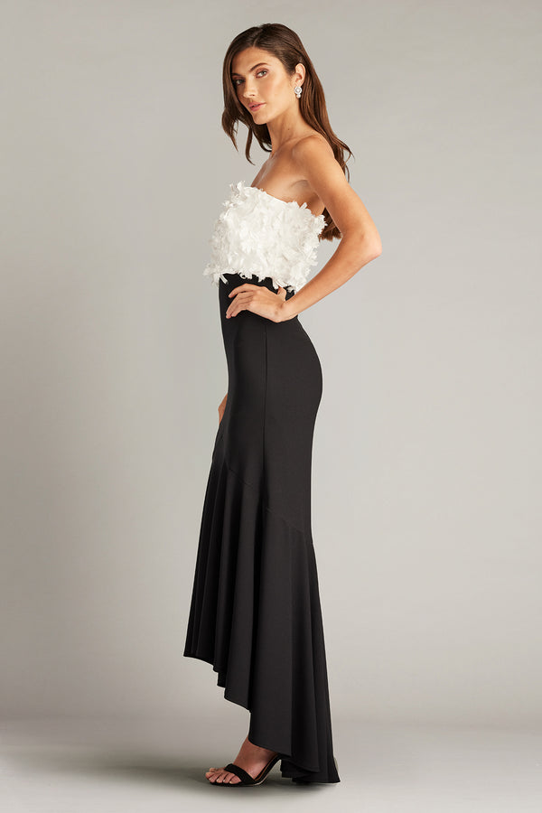 Tadashi Shoji CCE23423MDX Floral Embellished Strapless Gown - A sophisticated black and white gown featuring a floral-adorned strapless bodice, ideal for evening events.