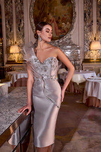 Terani 242C3039 One-Shoulder Cocktail Dress with Embellished Detail - Elegant taupe dress featuring a one-shoulder design, embellished bodice, and ruffled detail.